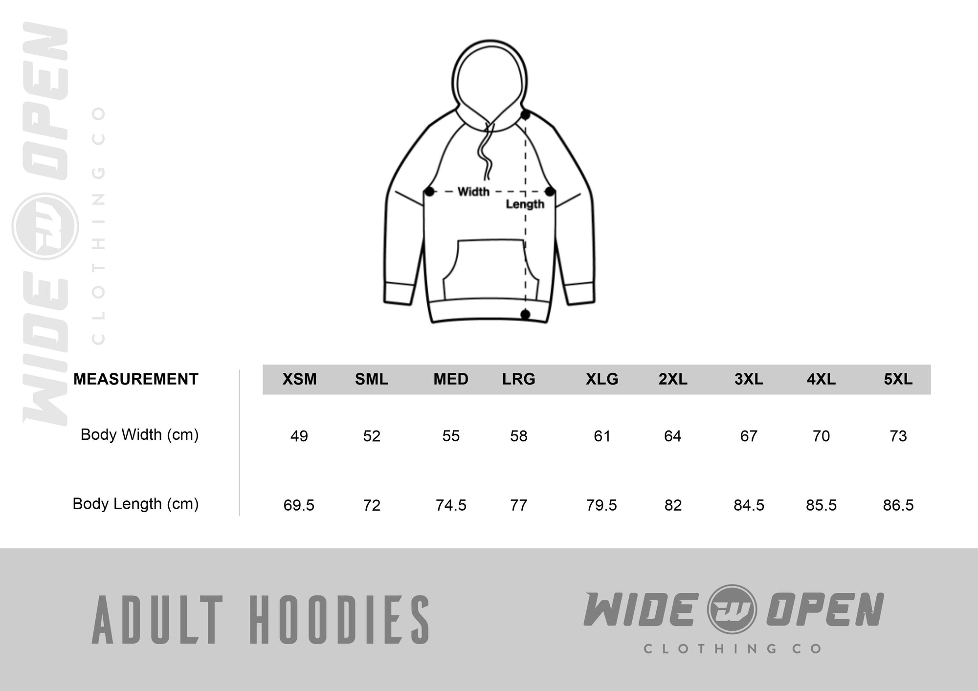 Size chart for Classic Hoodie