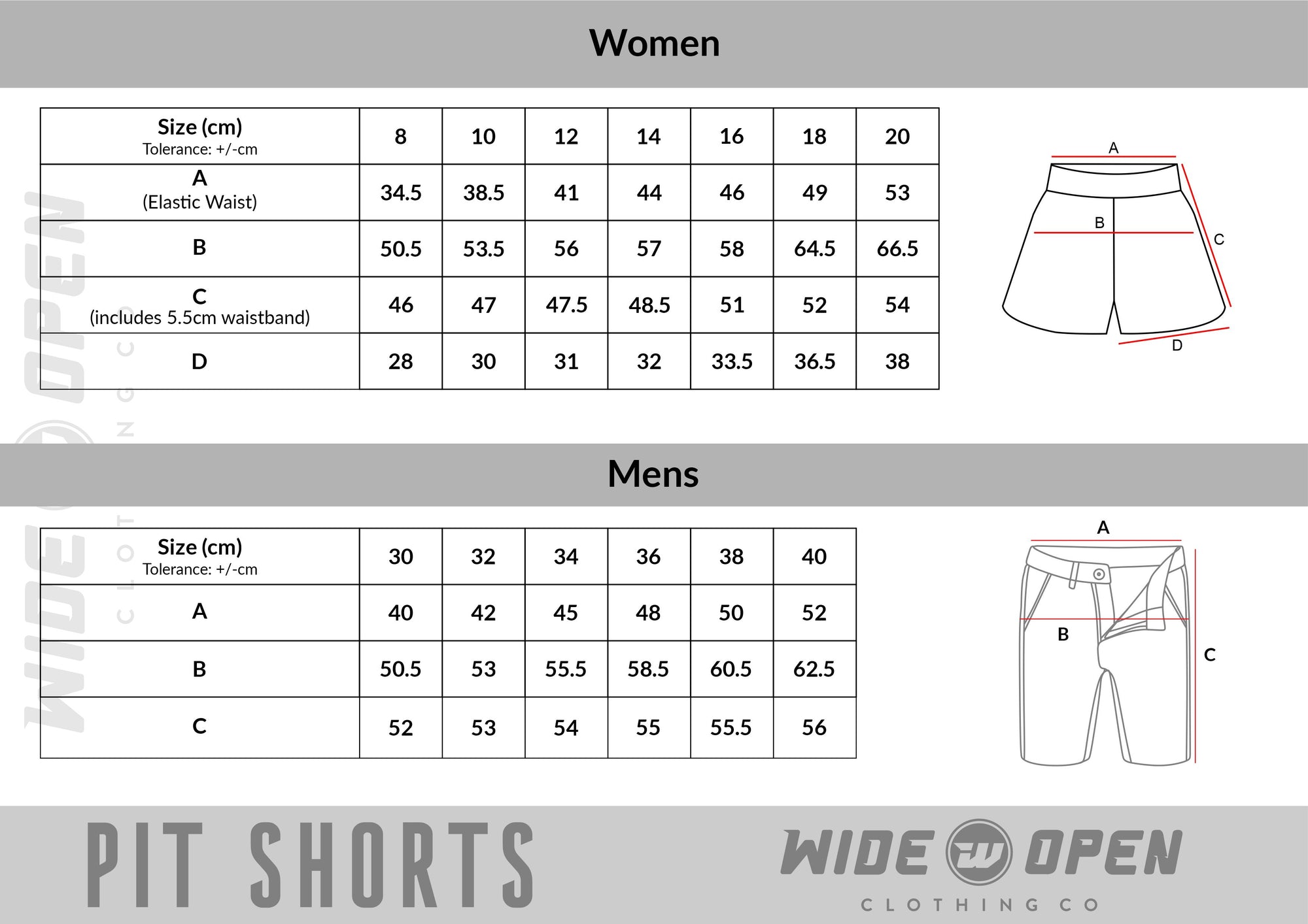 Size chart for Pit Short